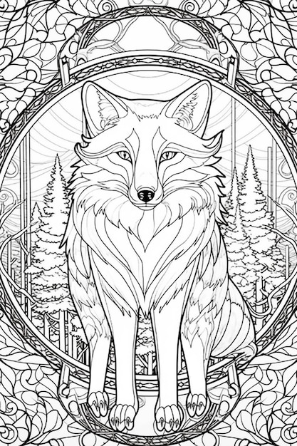 Una pagina da colorare con un lupo in una foresta circondata da alberi generativi ai