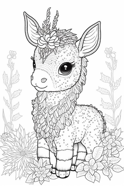 una pagina da colorare con un simpatico agnellino in una ghirlanda di fiori ai generativa