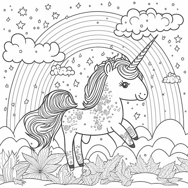 Una pagina da colorare con un unicorno e un arcobaleno nel cielo generativo ai