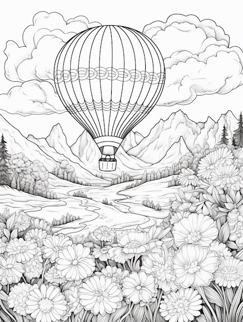 una pagina da colorare con una mongolfiera ad aria calda che vola sopra un paesaggio di montagna generativo ai