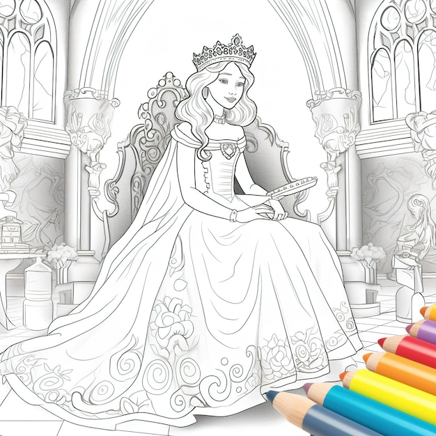 Una pagina da colorare con una principessa seduta su una sedia e una fila di matite colorate.