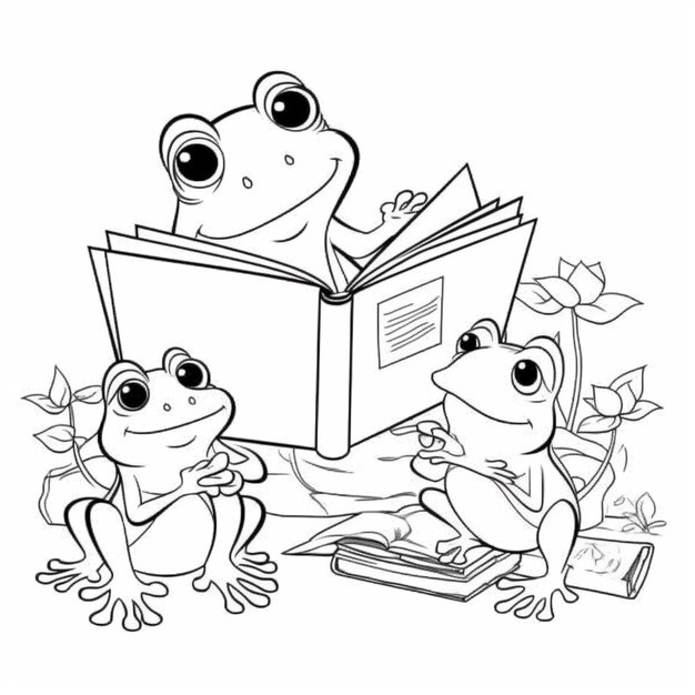 una pagina da colorare di due rane che leggono un libro generativo ai