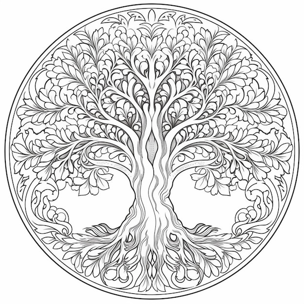 una pagina da colorare di un albero con foglie e rami in un cerchio ai generativo