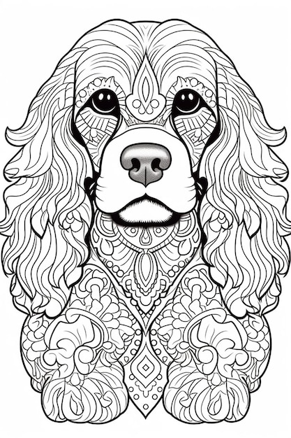 Una pagina da colorare di un cane con una faccia fiorita