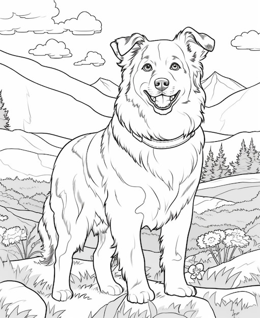 una pagina da colorare di un cane in piedi su una collina con le montagne sullo sfondo ai generativo
