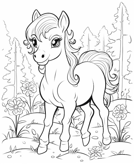 una pagina da colorare di un cavallo nel bosco generativo ai