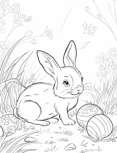 una pagina da colorare di un coniglio seduto nell'erba con le uova di Pasqua generativa ai