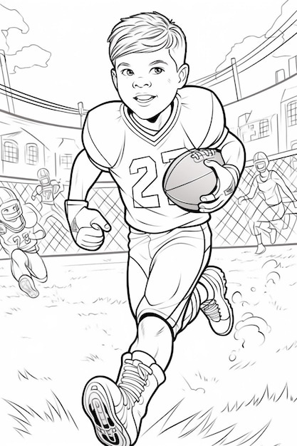 una pagina da colorare di un giocatore di football che corre con un'intelligenza artificiale generativa della palla