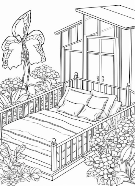una pagina da colorare di un letto e una finestra in un giardino ai generativa