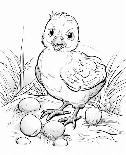 Una pagina da colorare di un pulcino che siede su un nido con uova generative ai