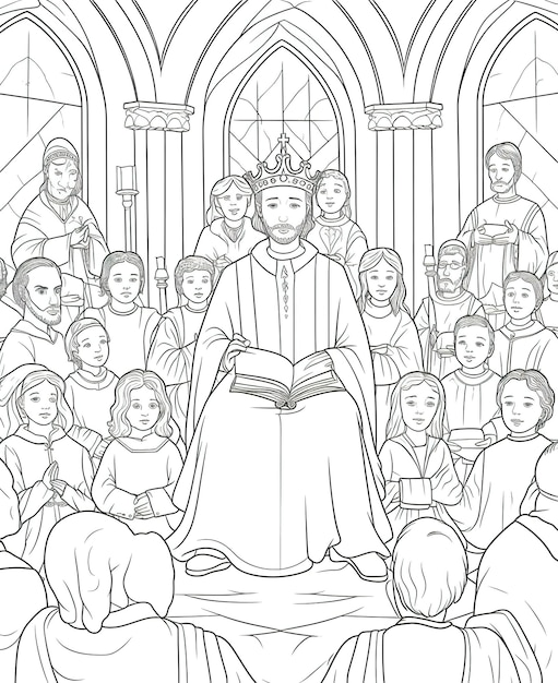Una pagina da colorare di un re che legge un libro con una folla di persone intorno a lui.
