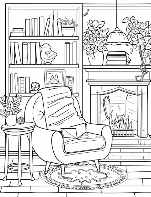 una pagina da colorare di un soggiorno con un camino e una sedia generativa ai