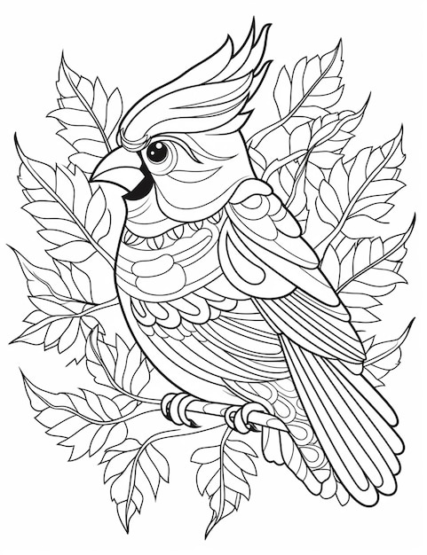 una pagina da colorare di un uccello seduto su un ramo con foglie generative ai
