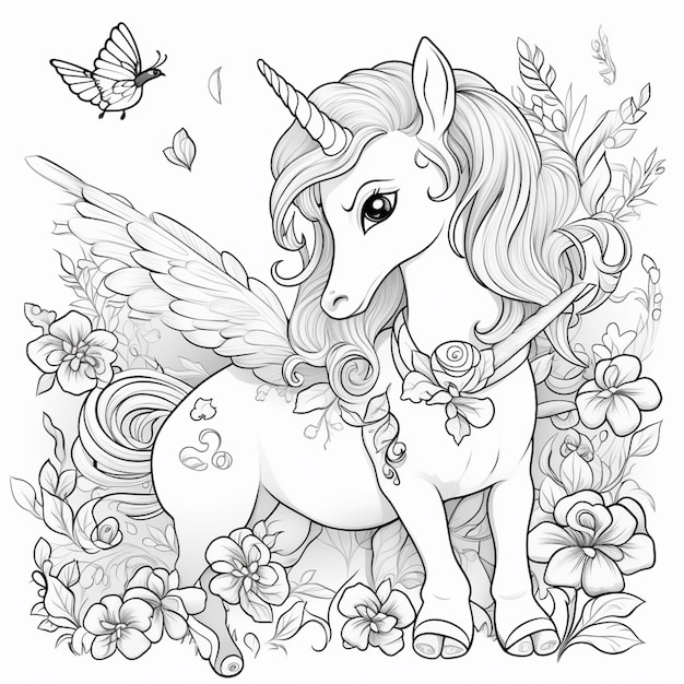una pagina da colorare di un unicorno con ali e fiori ai generativa