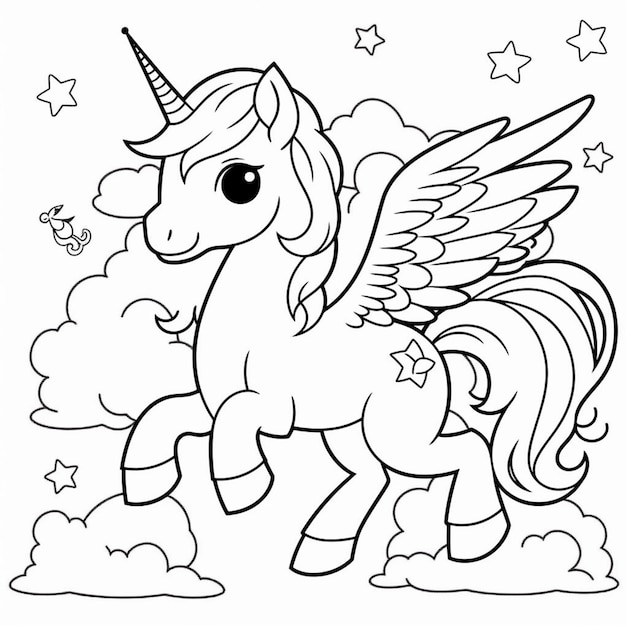 Una pagina da colorare di un unicorno con ali e stelle generative ai