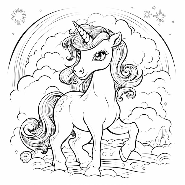 una pagina da colorare di un unicorno con un arcobaleno sullo sfondo ai generativa