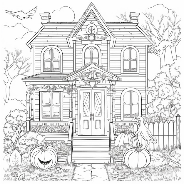 una pagina da colorare di una casa con una zucca di Halloween e un'intelligenza artificiale generativa fantasma