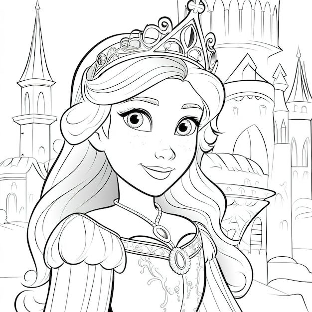 Una pagina da colorare di una principessa con un castello sullo sfondo.