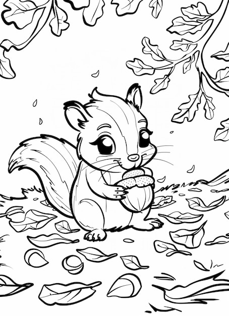 una pagina da colorare di uno scoiattolo che mangia foglie nel bosco