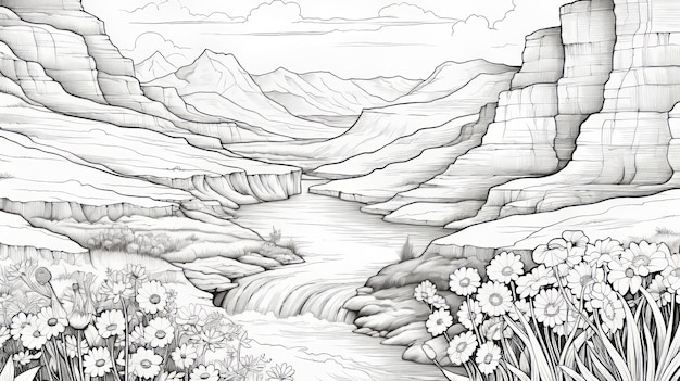 una pagina da colorare stampabile con uno sfondo dettagliato della vista del Grand Canyon. lo stile è caratterizzato da un surrealismo fluente, con toni argento chiaro e grigio. l'illustrazione include intricate