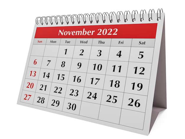 Una pagina del calendario mensile annuale del business desk Data mese novembre 2022