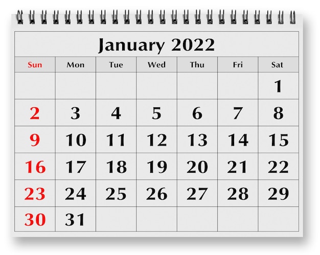 Una pagina del calendario mensile annuale - gennaio 2022