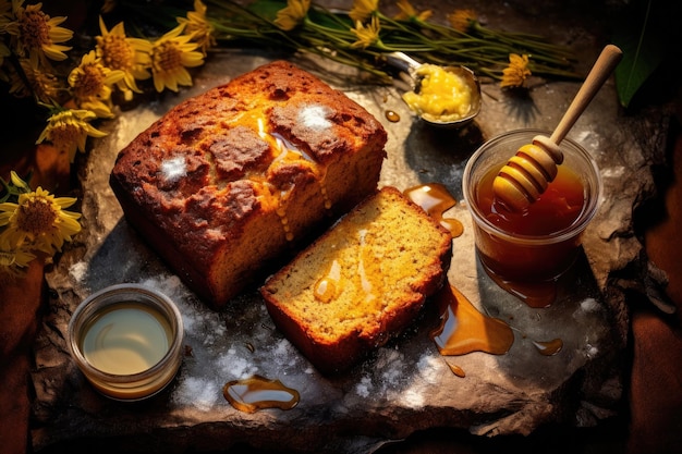 Una pagnotta con miele e fiori sul tavolo