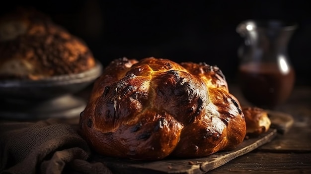 Una pagnotta di challah su una tavola di legno con tre muffin sullo sfondo