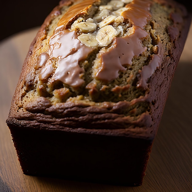 Una pagnotta di pane alla banana con una glassa rosa sopra