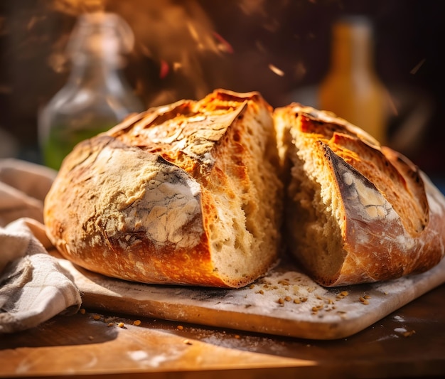 Una pagnotta fresca di pane a lievitazione naturale con erbe aromatiche e aglio arrostito IA generativa