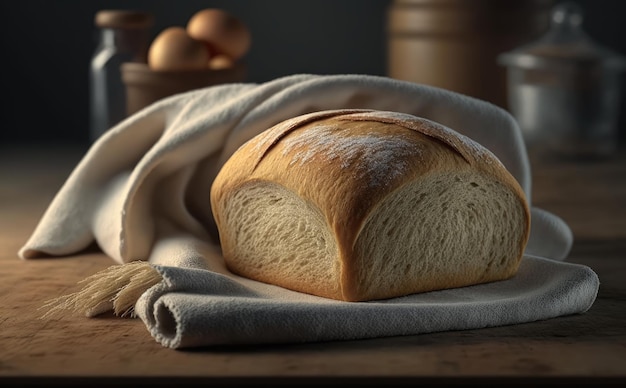 Una pagnotta su un tavolo di legno con un panno bianco. pane fatto a mano. ai generato