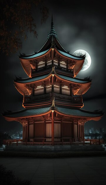 Una pagoda cinese con una luna sullo sfondo