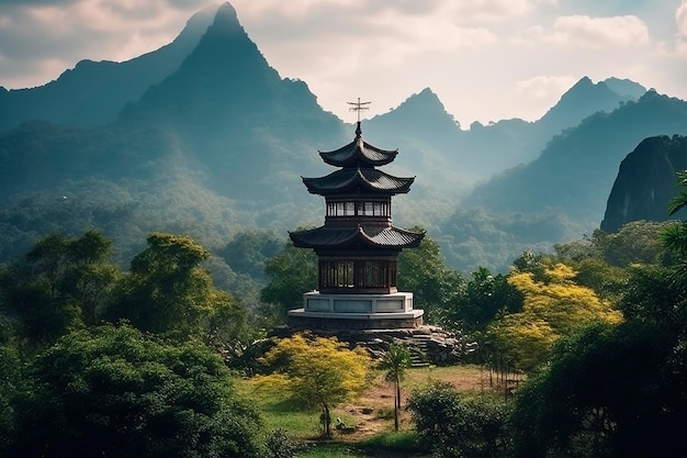 Una pagoda cinese si trova in una verde vallata circondata da montagne.