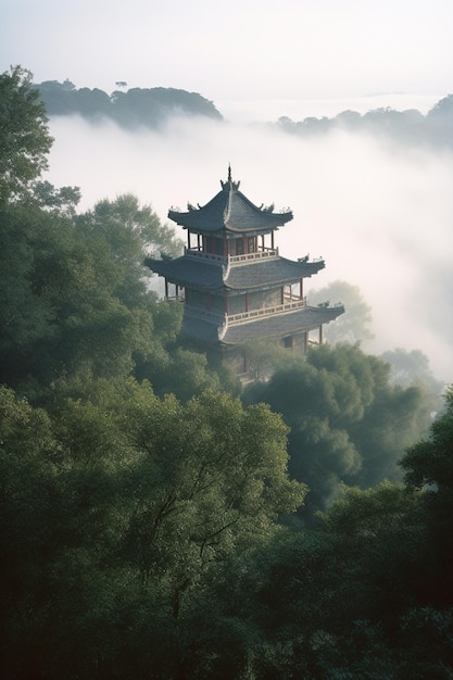 Una pagoda cinese si trova nel mezzo di una foresta con la nebbia che arriva.