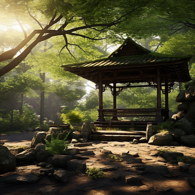 una pagoda in una foresta con un albero sullo sfondo.