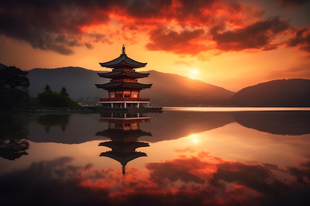 Una pagoda si riflette nell'acqua al tramonto