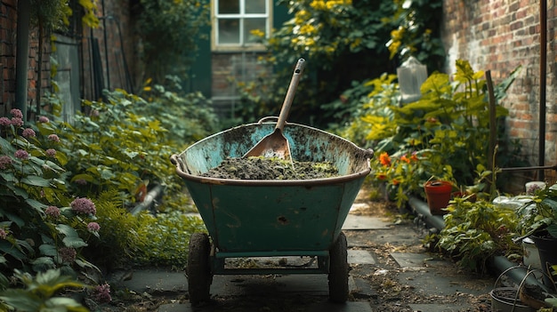 Una pala in una carriola tra le piante in un giardino