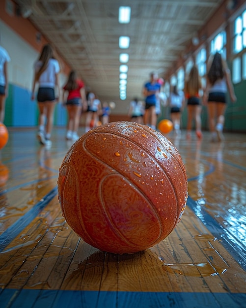 Una palestra con studenti che giocano a dodgeball sullo sfondo