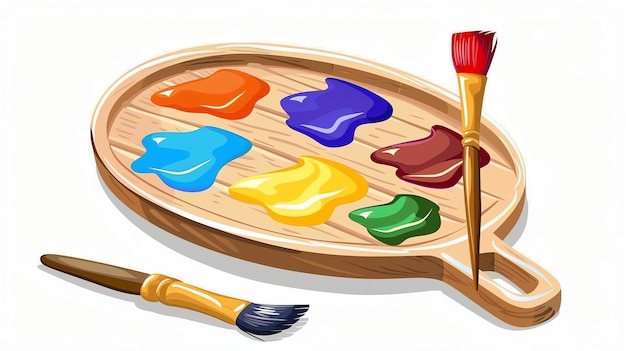 Una palette d'arte in legno con sei macchie di vernice in vari colori e due pennelli La palette è fatta di legno