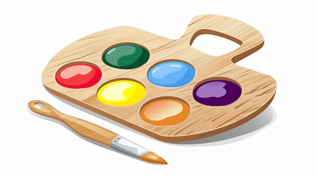 Una palette d'artista in legno con sei colori di vernice e un pennello I colori sono rosso giallo blu verde viola e arancione