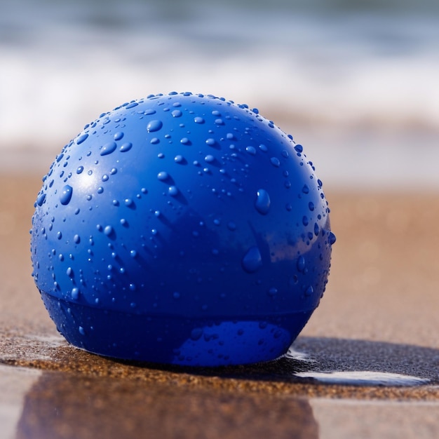 Una palla blu con gocce d'acqua su di essa si trova su una spiaggia.