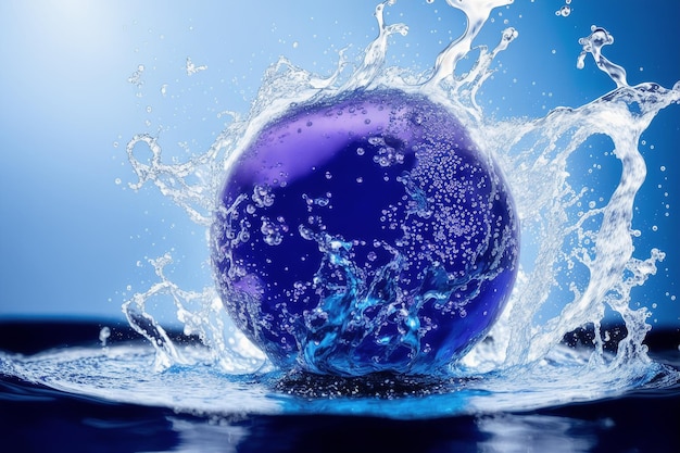 Una palla blu sta schizzando in acqua con sopra la parola pianeta.