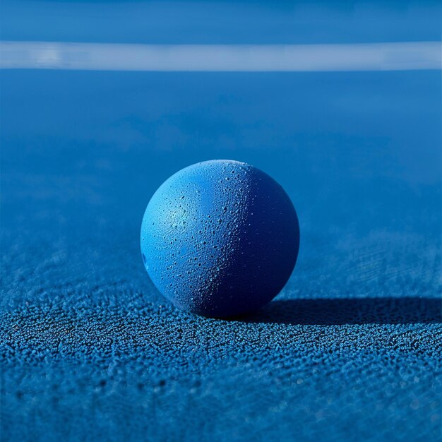 una palla blu su una superficie blu con gocce d'acqua su di essa