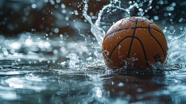 Una palla da basket è nell'acqua e l'acqua spruzza attorno ad essa