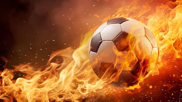 una palla da calcio in fiamme con fiamme e un fuoco sullo sfondo