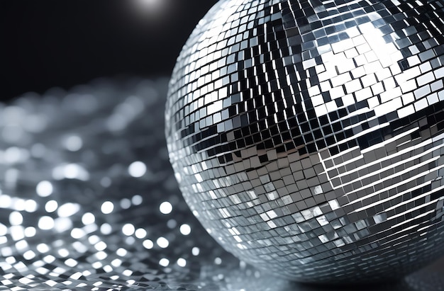 Una palla da discoteca d'argento si trova su una superficie lucida