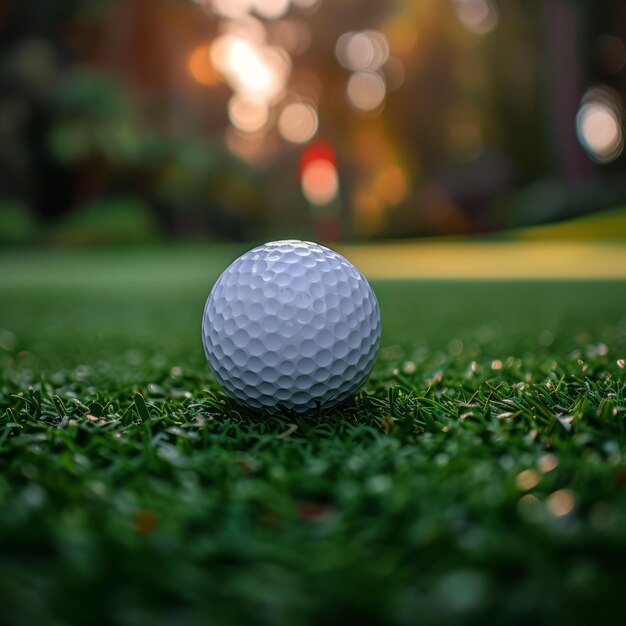 Una palla da golf bianca poggiata sull'erba verde di un campo da golf con il tramonto sullo sfondo