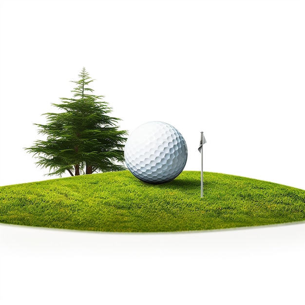 una palla da golf è su un'erba verde con un albero sullo sfondo