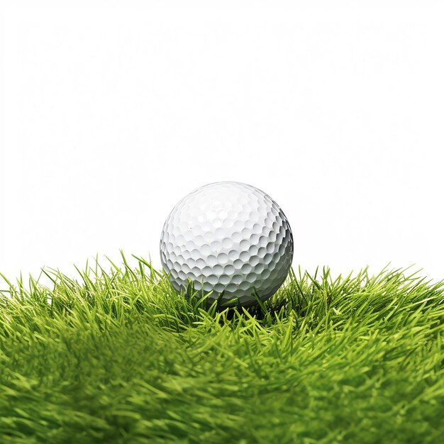 una palla da golf è sull'erba con uno sfondo bianco