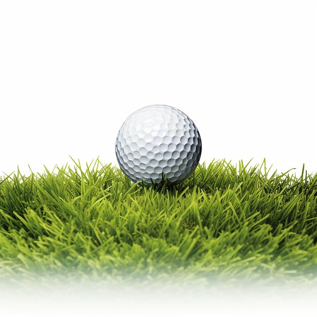 una palla da golf è sull'erba con uno sfondo bianco